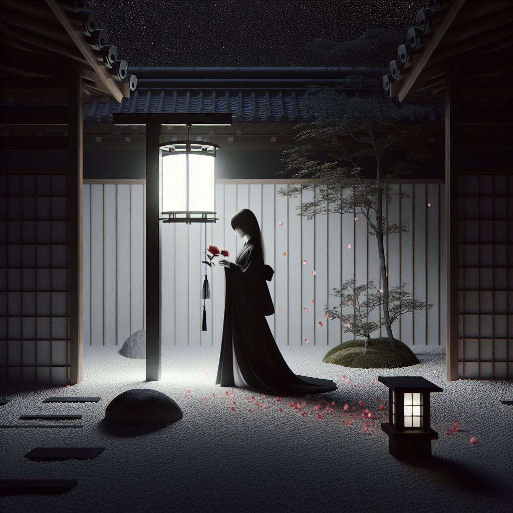 A graceful young woman in a black kimono holding a delicate red camellia flower under a softly glowing lantern, surrounded by drifting cherry blossom petals and a starry night sky — serene, elegant, and subtly anime-inspired.