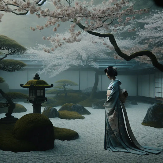 A graceful Japanese woman in a traditional muted indigo kimono stands calmly in a peaceful garden with softly falling cherry blossoms, reflecting serene tradition and subtle cultural evolution.
