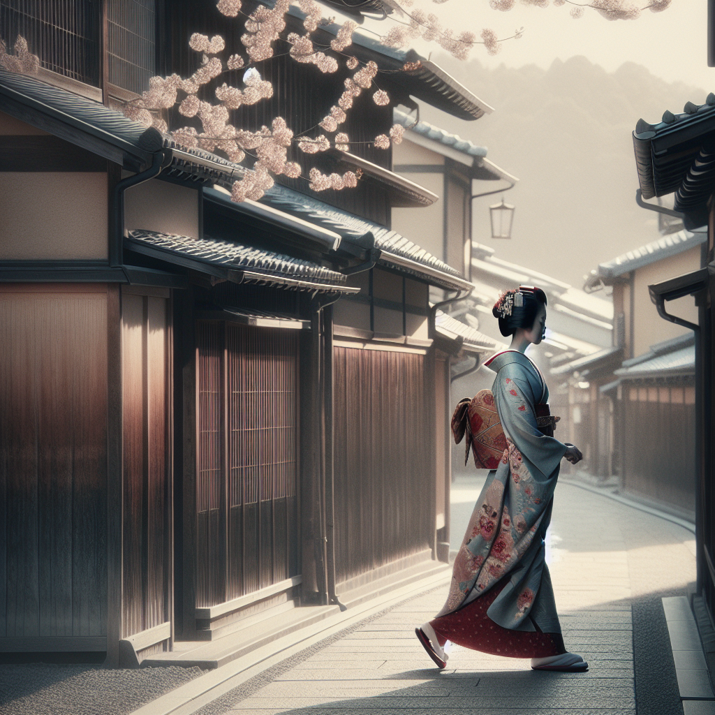 A graceful Japanese woman in a vibrant kimono walks along a quiet historic Kyoto street with wooden machiya houses and falling cherry blossoms, in a calm, minimalist style.