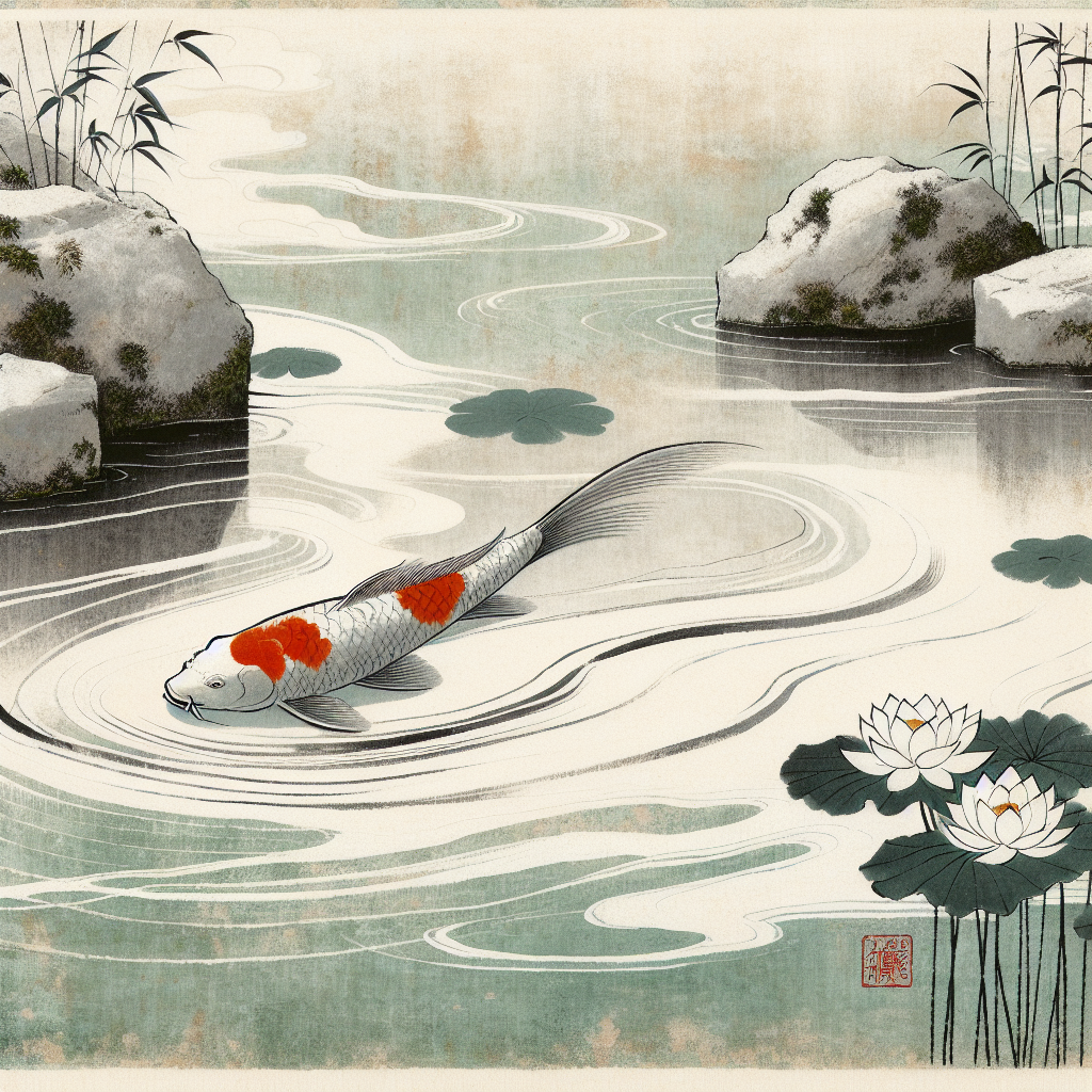 A serene Japanese pond with a single graceful koi fish swimming upstream surrounded by blooming lotus flowers and traditional garden stones under soft sunlight, minimalist and elegant.