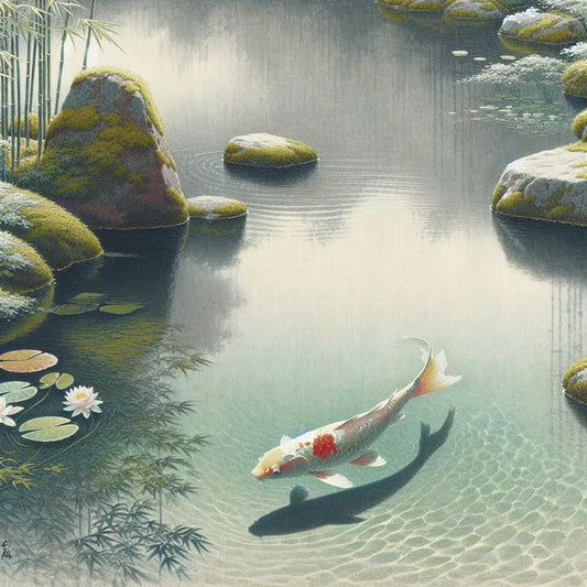 A graceful koi fish swimming in a tranquil Japanese garden pond with soft sunlight and traditional landscaping, symbolizing beauty and perseverance in a minimalist style.