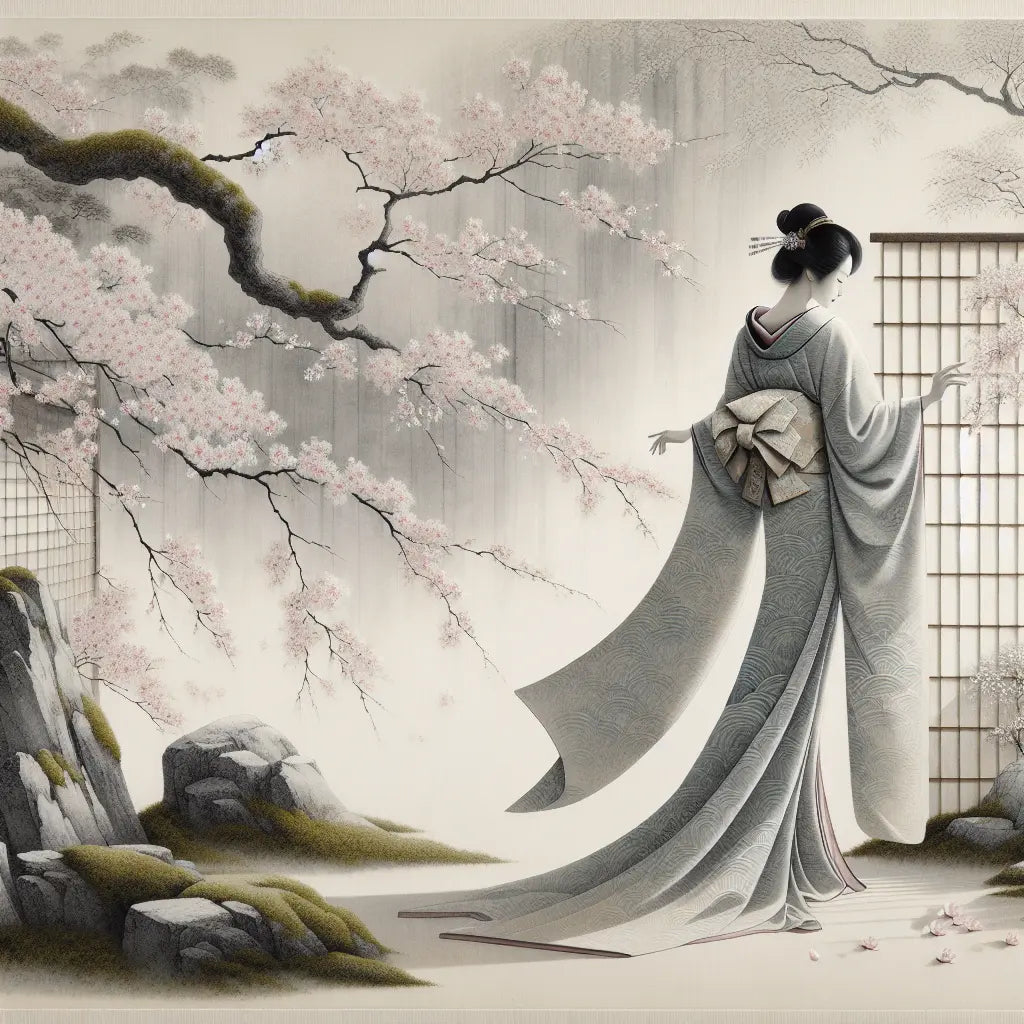 Graceful woman in flowing traditional Japanese kimono standing serenely in a tranquil garden with falling cherry blossom petals under soft natural light.