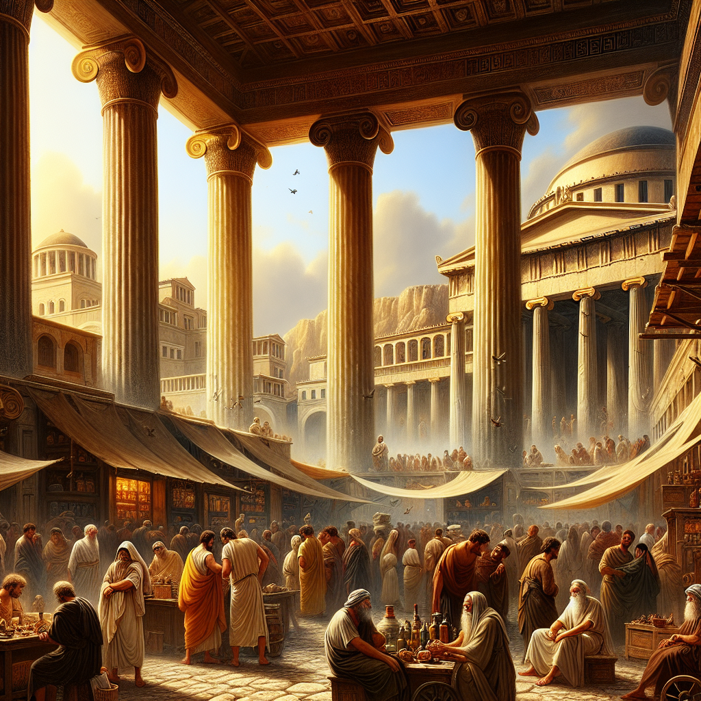 Greek philosopher in an ancient Athenian marketplace with classical architecture, captured in a cinematic, historical epic style.