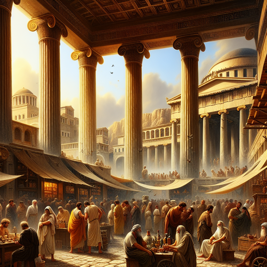 Greek philosopher in an ancient Athenian marketplace with classical architecture, captured in a cinematic, historical epic style.