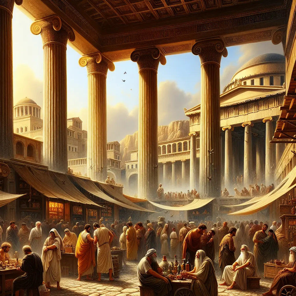 Greek philosopher in an ancient Athenian marketplace with classical architecture, captured in a cinematic, historical epic style.