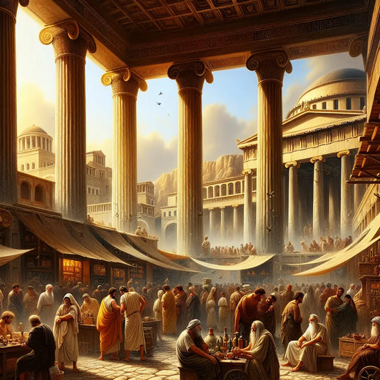 Greek philosopher in an ancient Athenian marketplace with classical architecture, captured in a cinematic, historical epic style.