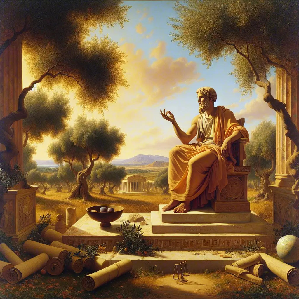 Greek philosopher in contemplation surrounded by symbolic icons representing responsibility, virtue, and control, styled as a 1960s historical epic painting.