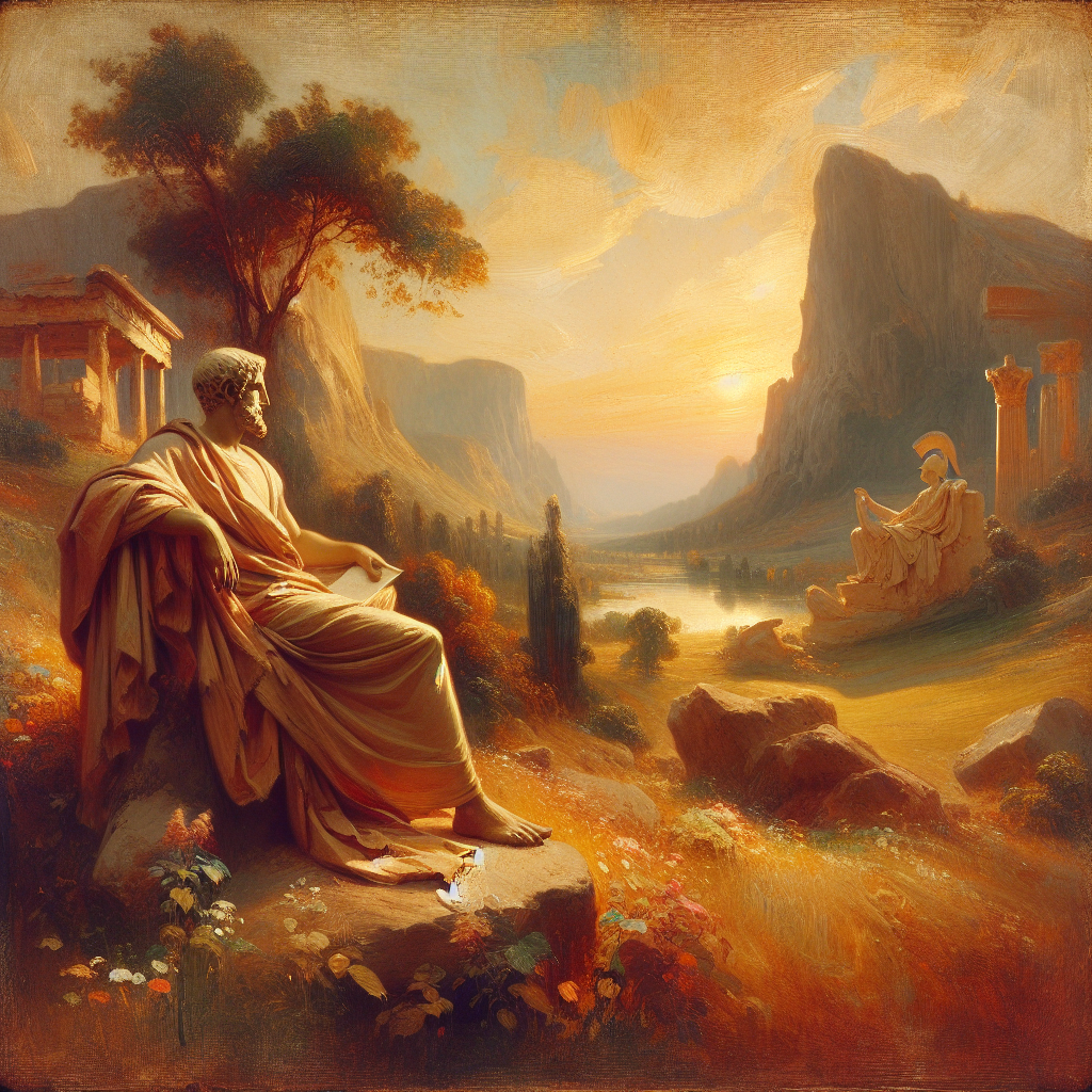 Ancient Greek philosopher in toga reflecting in a serene landscape, surrounded by symbolic elements of wisdom, courage, justice, and temperance.