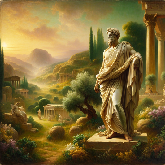 Statuesque ancient Greek philosopher surrounded by serene nature and classical architecture under soft golden light, painted in 1960s historical epic style.