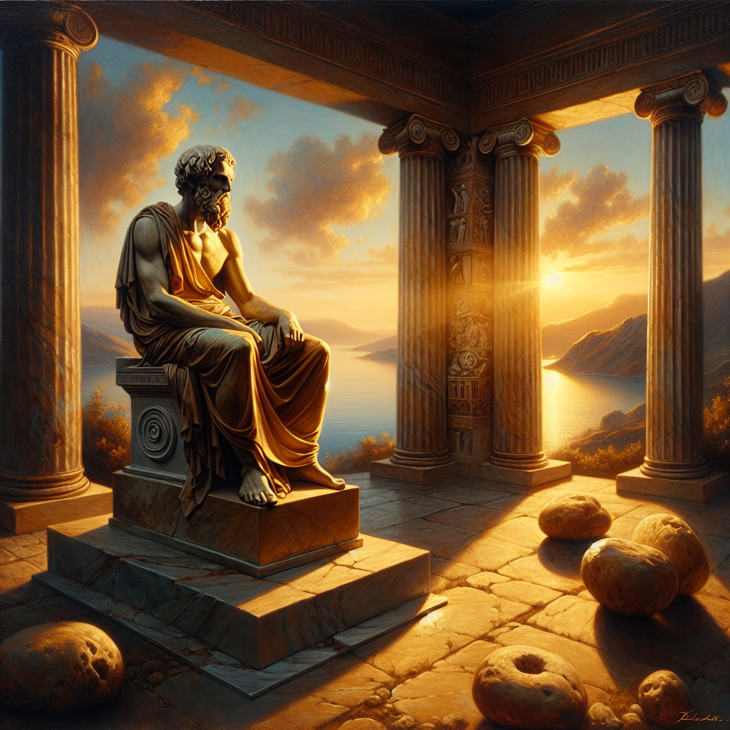 Ancient Greek philosopher statue symbolizing Stoicism with a calm expression, set against a tranquil Mediterranean sunset landscape with classical ruins.