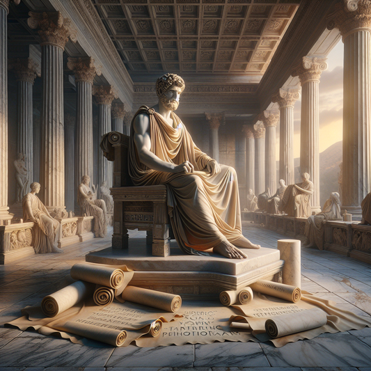Ancient Greek philosopher pondering on stoic philosophies with scrolls in a classical setting.