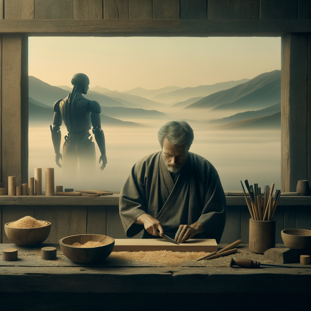 Ein traditioneller japanischer Handwerker in einer Werkstatt vor einem entfernten, nebligen Gebirge, mit einer subtilen Silhouette eines riesigen Mechas in der Ferne — minimalistisch und harmonisch.