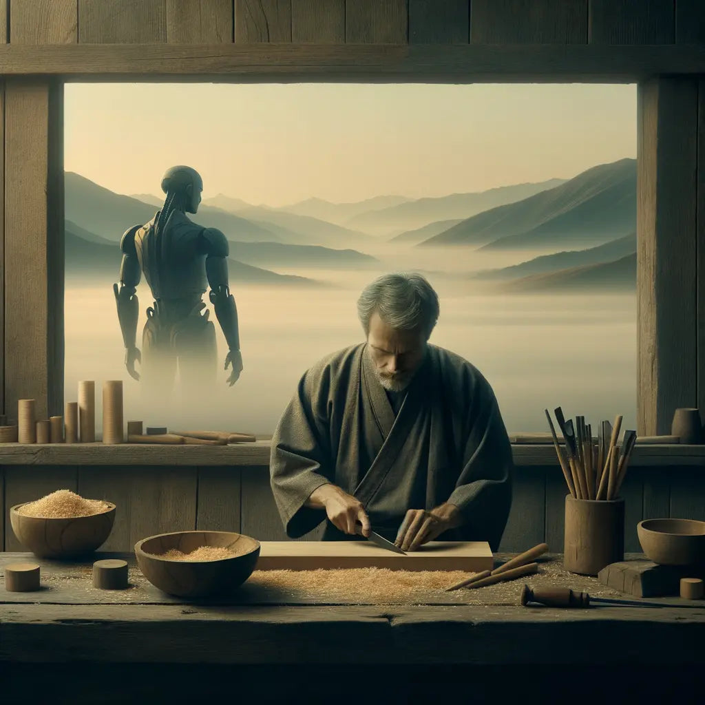 Ein traditioneller japanischer Handwerker in einer Werkstatt vor einem entfernten, nebligen Gebirge, mit einer subtilen Silhouette eines riesigen Mechas in der Ferne — minimalistisch und harmonisch.