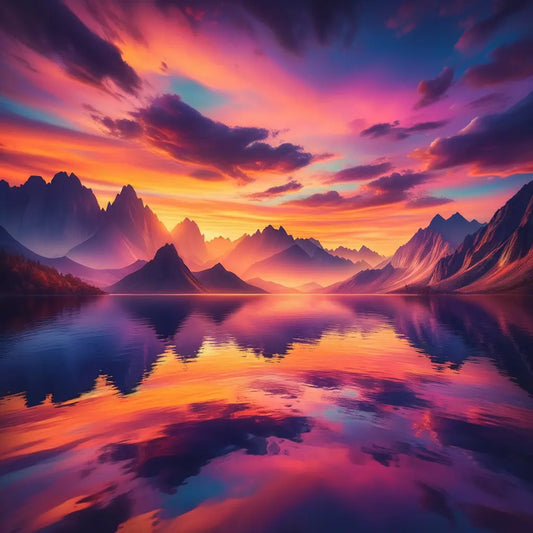 A sunset landscape featuring mountains and a lake.