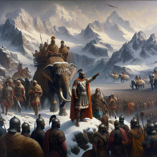 Hannibal leading his diverse army including war elephants across the snow-covered Alps, with an ancient Roman map faintly visible in the background, depicted in the style of 1960s historical epic films.