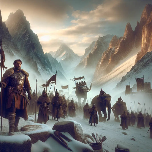 Hannibal leading his army and war elephants across snow-covered Alps with rugged mountains towering, painted in a cinematic historical epic style.
