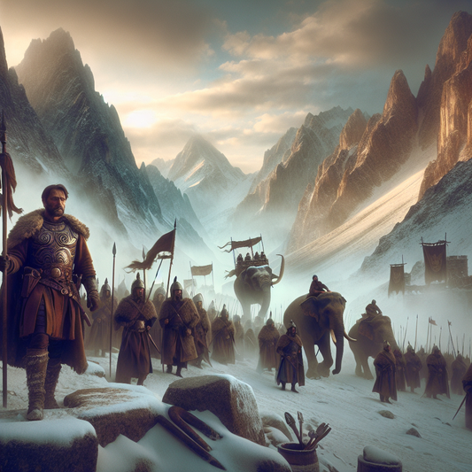 Hannibal leading his army and war elephants across snow-covered Alps with rugged mountains towering, painted in a cinematic historical epic style.