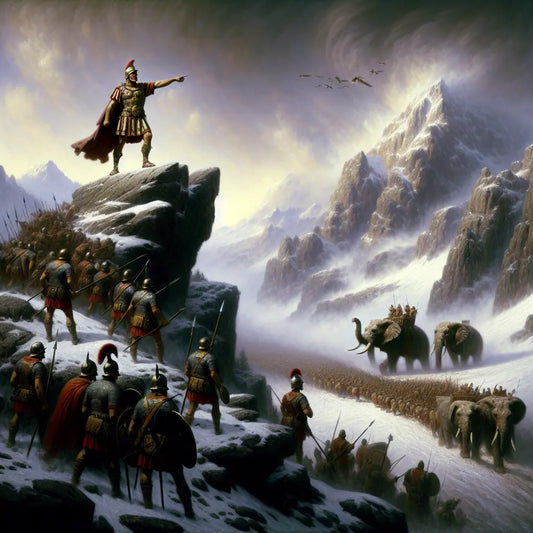 Hannibal leading war elephants and soldiers over snow-covered rugged Alps, framed by misty mountains in a cinematic historical painting style.