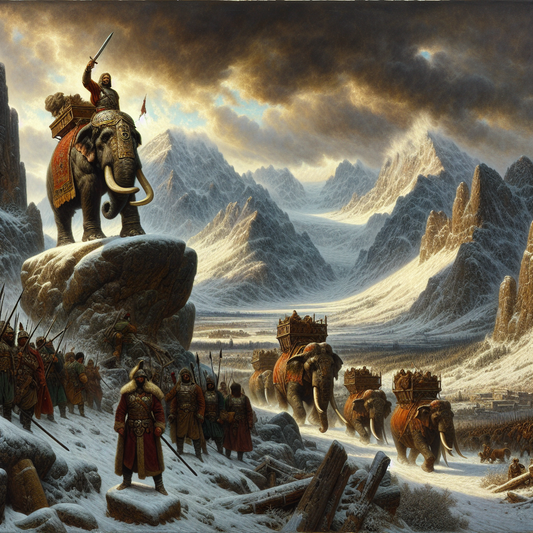 Hannibal Barca stands defiantly on a rocky outcrop leading war elephants crossing the snowy Alps under a stormy sky, in the style of classical 1960s Roman historical epics.