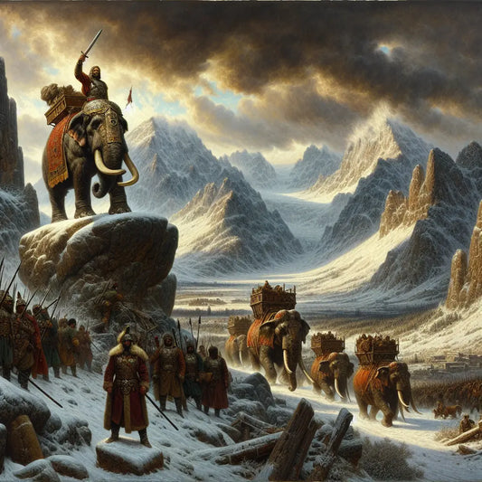 Hannibal Barca stands defiantly on a rocky outcrop leading war elephants crossing the snowy Alps under a stormy sky, in the style of classical 1960s Roman historical epics.