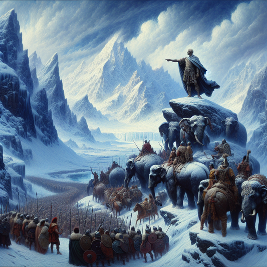 Hannibal leads his diverse army including war elephants across snowy Alpine mountain passes under dramatic stormy skies, depicted in a cinematic 1960s Roman historical epic painting style.