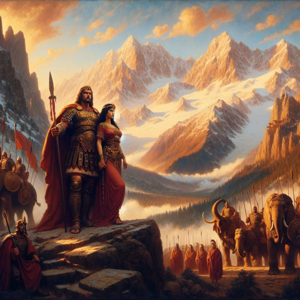 Cinematic painting of Hannibal and his wife Imilce in front of the Alps with war elephants, capturing ancient military and personal history in a 1960s epic film style.