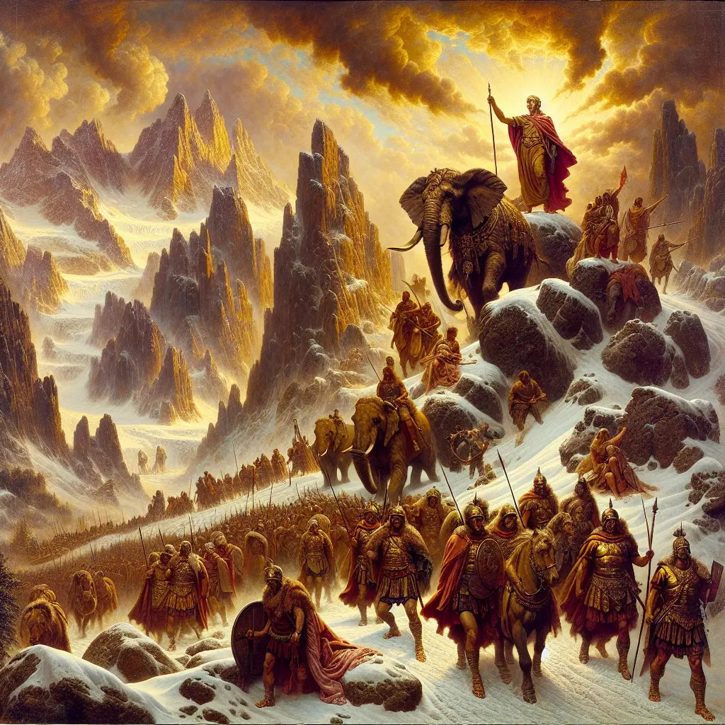 Hannibal leading Carthaginian soldiers and war elephants across snowy Alpine mountains under a dramatic sky, inspired by classic 1960s historical epic films.