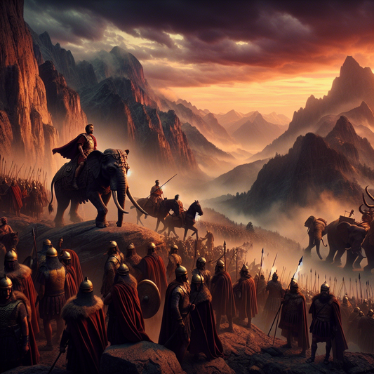 Carthaginian soldiers and armored war elephants crossing rugged alpine mountain terrain at dusk, inspired by Hannibal's historic crossing during the Punic Wars, painted in the style of 1960s Roman historical epics.