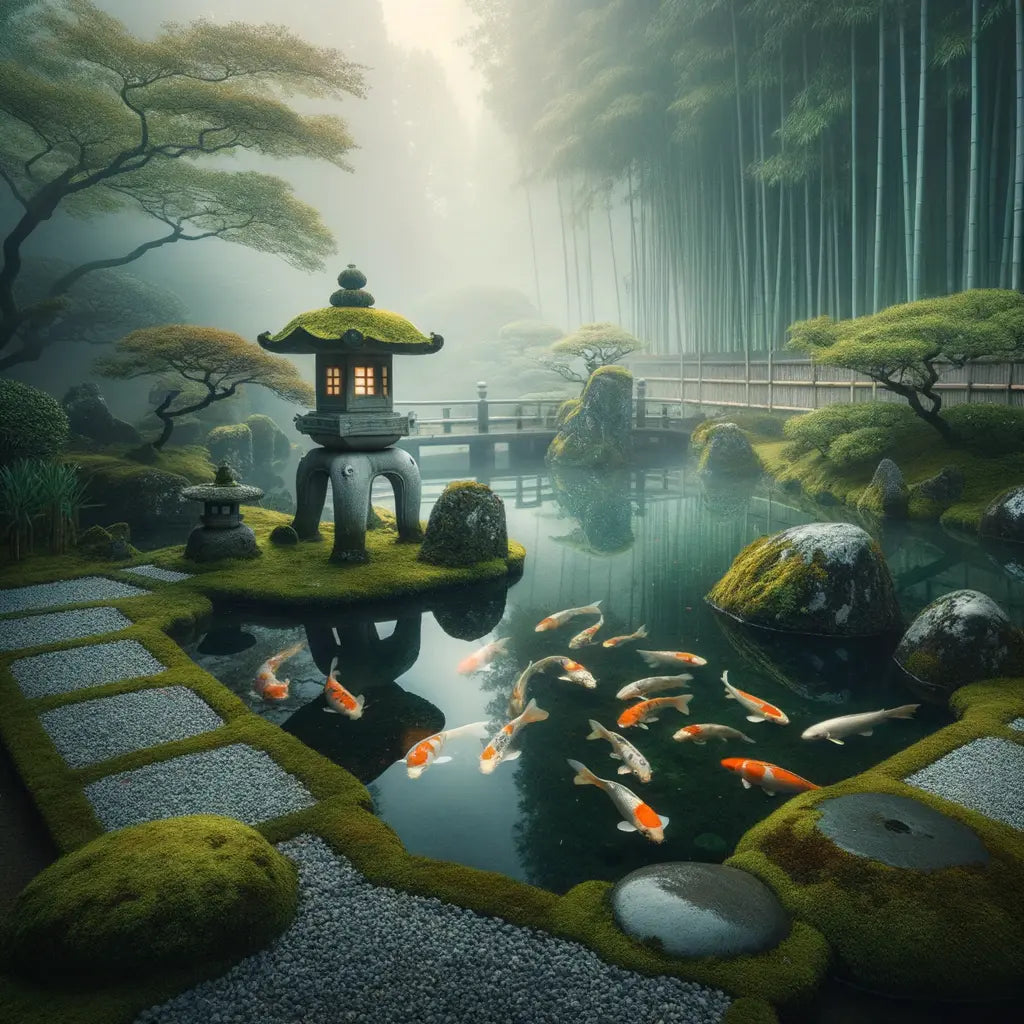 Ein ruhiger Zen-Garten-Teich im Morgennebel mit Kois und einer Steinlaterne, minimalistisch und harmonisch gestaltet.