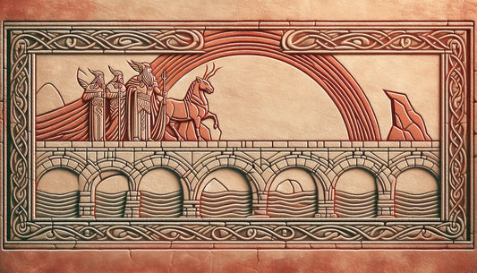 Relief von Heimdall an der Regenbogenbruecke Bifroest steinerne Gravur in Ziegelrot auf hellem Hintergrund im antiken Stil