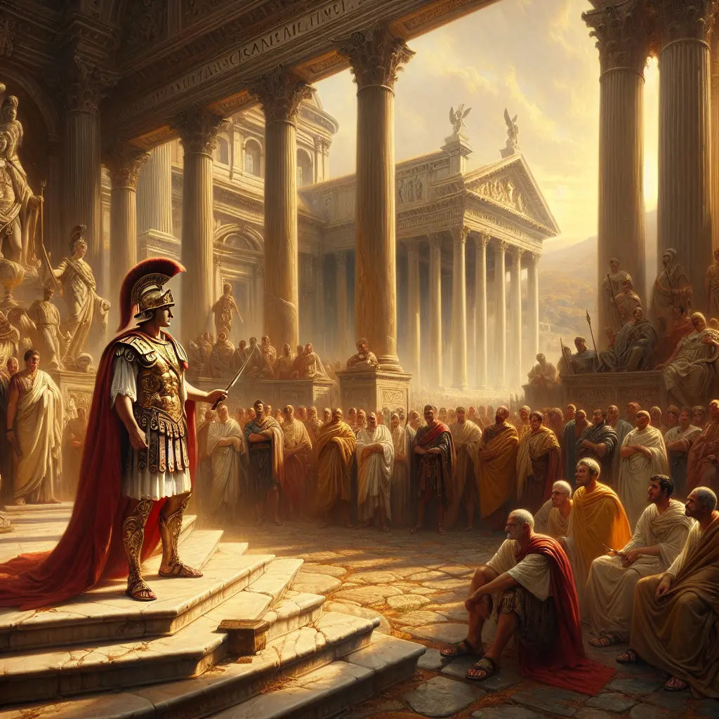 Roman general addressing senators and soldiers in the Roman Forum, bathed in golden daylight, styled like a 1960s historical epic painting.