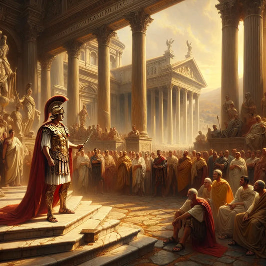 Roman general addressing senators and soldiers in the Roman Forum, bathed in golden daylight, styled like a 1960s historical epic painting.