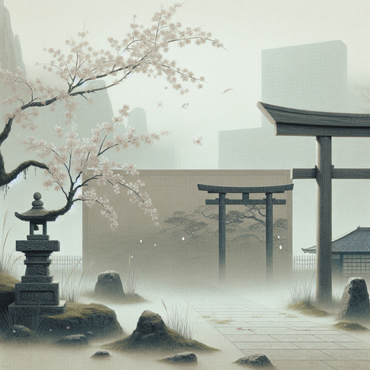 A minimalist Japanese torii gate and cherry blossom branch in gentle dawn mist with a faint distant mall silhouette, symbolizing a refined anime platform set apart from mass commercialism.