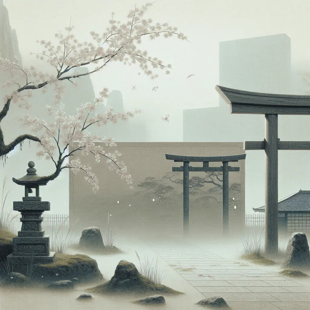 A minimalist Japanese torii gate and cherry blossom branch in gentle dawn mist with a faint distant mall silhouette, symbolizing a refined anime platform set apart from mass commercialism.