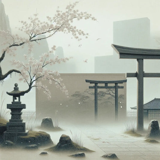 A minimalist Japanese torii gate and cherry blossom branch in gentle dawn mist with a faint distant mall silhouette, symbolizing a refined anime platform set apart from mass commercialism.