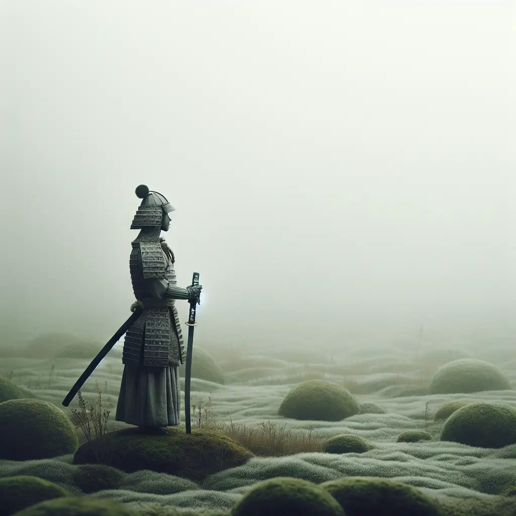A solitary Japanese samurai in traditional armor holding a katana, standing poised on a misty battlefield with a calm, honorable presence in minimalist style.
