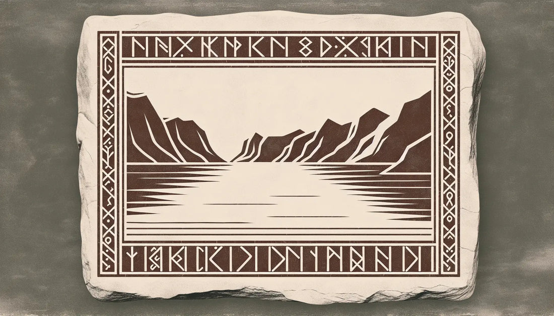 Steinrelief mit skandinavischen Fjorden und Runenmustern in Ziegelrot und dunklem Grau auf hellem steinfarbenem Hintergrund