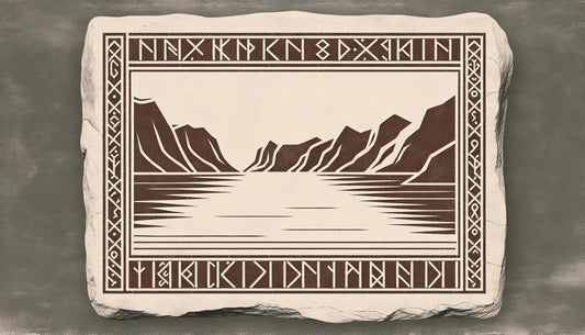 Steinrelief mit skandinavischen Fjorden und Runenmustern in Ziegelrot und dunklem Grau auf hellem steinfarbenem Hintergrund