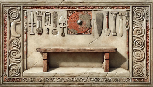 Fragment eines steinernen Reliefs einer Wikingerbank mit Artefakten in Ziegelrot auf hellem steinfarbenem Hintergrund