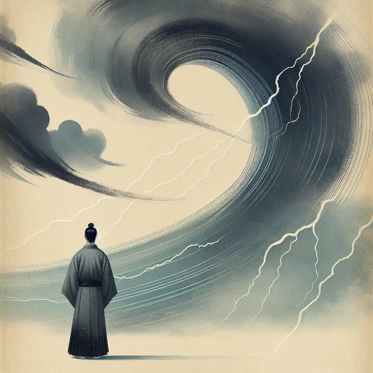 A serene ukiyo-e style illustration of Katsushika Hokusai standing calmly by a traditional Japanese wave with gentle lightning, rendered with subtle brush strokes and muted colors inspired by Edo period art.