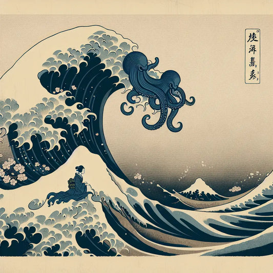 Ukiyo-e style scene showing a great ocean wave with two symbolic octopuses entwined within and a calm woman meditating at the base, rendered in soft indigo and muted tones.