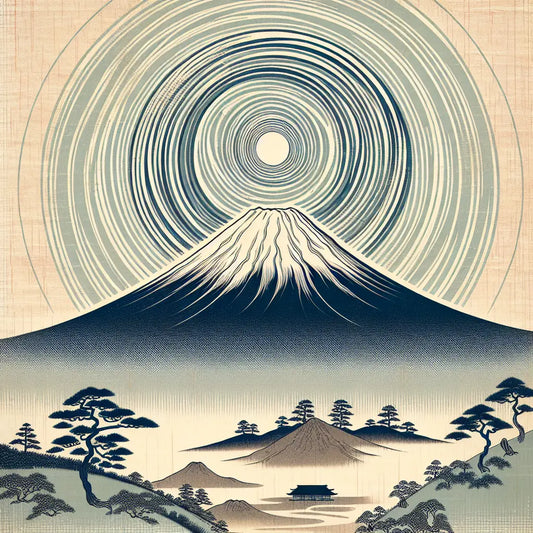 Traditional Japanese woodblock print style depiction of Mount Fuji surrounded by gentle swirling spiritual energy, set in a calm Edo period landscape with muted vibrant colors and serene atmosphere.
