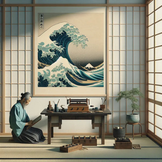 A minimalist ukiyo-e inspired scene showing Hokusai at age 50 calmly creating The Great Wave with traditional woodblock tools in a quiet, balanced setting with soft indigo and warm wood tones.