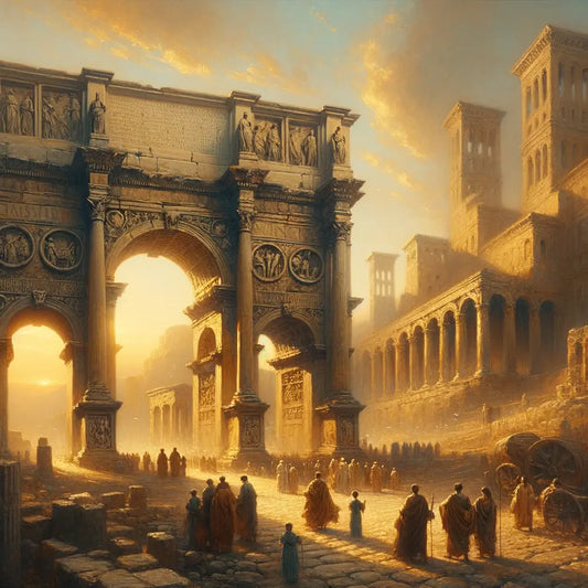 Ancient Roman arches juxtaposed with modern architectural elements, symbolizing the lasting influence of Roman engineering, painted in the style of 1960s historical film epics.