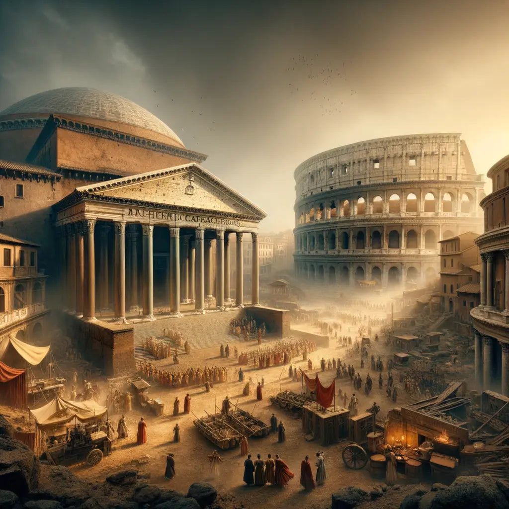 A cinematic painting of the Pantheon and Colosseum with Roman figures, inspired by 1960s historical epics.