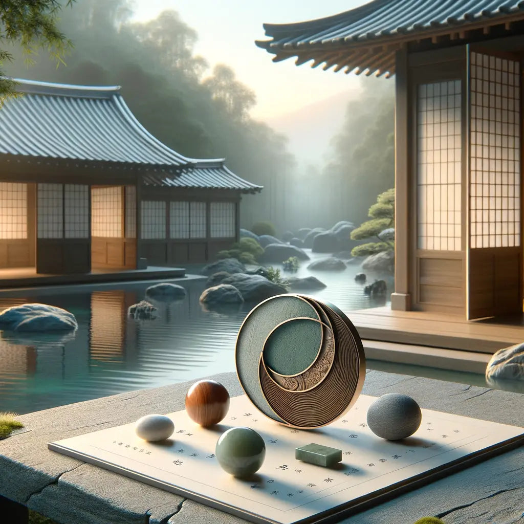 Ein minimalistisches Schmuckstück, inspiriert von den vier Elementen, in einem traditionellen japanischen Garten bei sanftem Abendlicht — harmonisch und kulturell bedeutungsvoll gestaltet.
