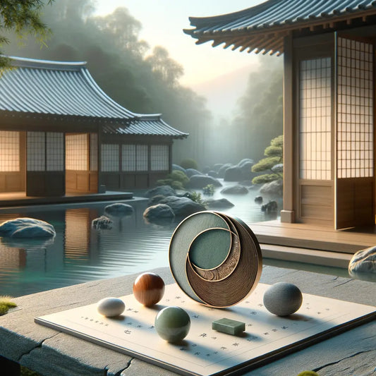 Ein minimalistisches Schmuckstück, inspiriert von den vier Elementen, in einem traditionellen japanischen Garten bei sanftem Abendlicht — harmonisch und kulturell bedeutungsvoll gestaltet.
