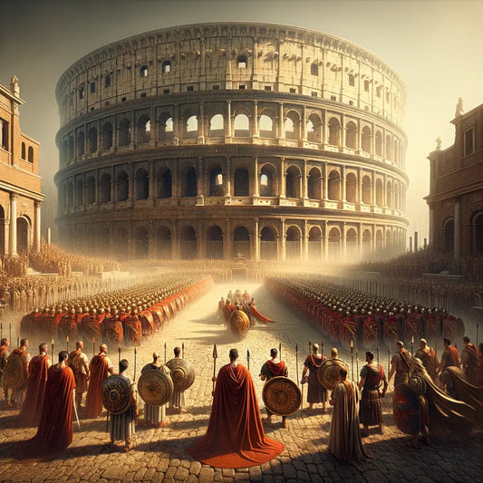 Roman Coliseum with marching legionaries and group of toga-clad politicians around a map, styled as a classic 1960s historical epic film.
