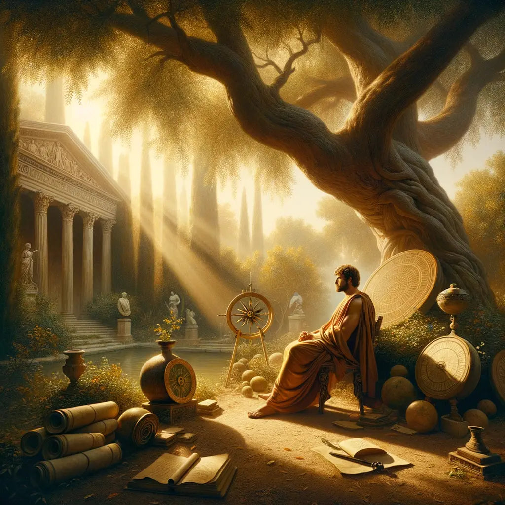An ancient philosopher in a Roman garden, seated under a tree with scrolls and compasses, embodying Stoicism and wisdom.