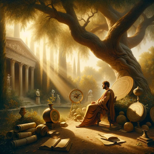 An ancient philosopher in a Roman garden, seated under a tree with scrolls and compasses, embodying Stoicism and wisdom.